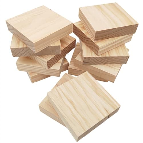 Lot de 12 blocs carrés en bois brut pour travaux manuels, 10 x 10 x 2,5 cm, planches vierges en bois de pin pour sculpture sur bois, dessous de verre en bois, peinture et gravure