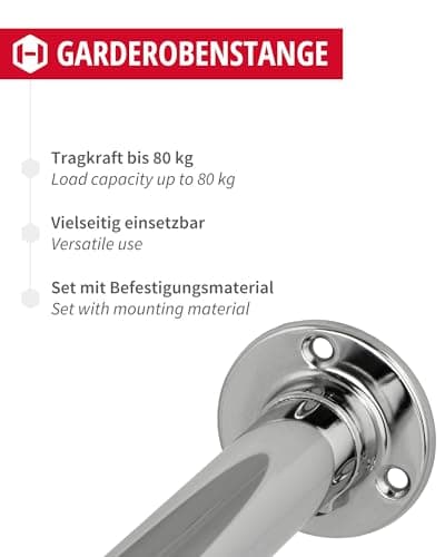 Portemanteaux chromé Tube de penderie 25 mm rond incl. 2 Pièces Stock de tube penderie NEUF Longueurs 1000 jusqu'à 2000 mm - fabriqué en Allemagne - 2000mm