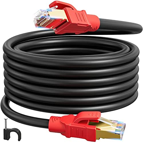 Cable Ethernet Cat 8 20m, Haut Debit Cable RJ45 Blindé 40Gbps 2000MHz Cable Reseau Noir Gigabit SFTP Cable LAN Extra Long Impermeable POE Cable Internet pour Modem Routeur(20 Clips)