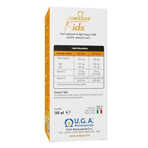 OMEGOR® Kids avec oméga-3 végétal DHA pour enfants 250 mg de DHA et 125 mg d'EPA à partir d'huile d'algue | Miel et jus de fruits | Avec de la vitamine D3 | Bouteille de 150 ml avec cuillère.