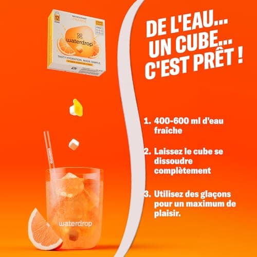 waterdrop® Coffret Microdrink, Orange, Citron et Pamplemousse, 36 boisson en cube effervescente sans sucre pour aromatiser l'eau, Extraits de fruits et de plantes, Eau Aromatisée infusion à froid