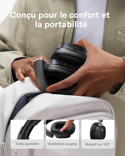 Baseus Casque Réduction De Bruit Active Avec Audio Spatial, Casque Sans-fil Bluetooth Avec LDAC Hi-Res Sound, 65H d'autonomie, Basses Profondes, Mode Transparence, EQ personnalisé via l'appli, Pliable
