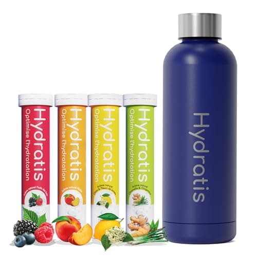 HYDRATIS - Pack 4 Tubes de Pastilles Effervescentes avec Electrolytes + Gourde 500ml Bleue - Optimise l'Hydratation - Citron/Fleur de Sureau + Fruits des Bois + Pêche + Citronnelle/Gingembre
