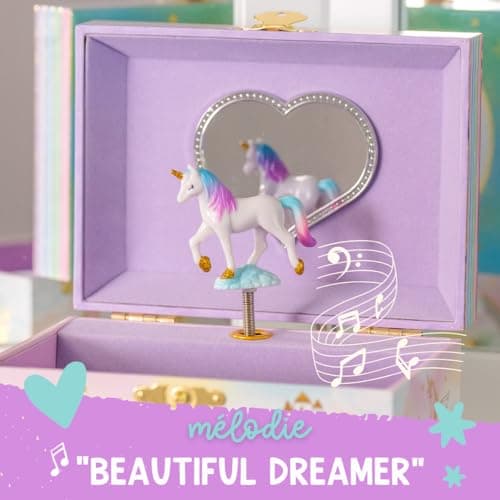 Boîte à Bijoux Musicale Licorne pour Filles - Boîte à Musique Licorne pour Enfants avec Miroir, Cadeaux d'Anniversaire Licorne pour Petites Filles, Boîte à Bijoux, 15,2 x 11,8 x 8,9 cm - 3-10 ans