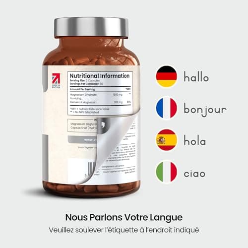 Magnesium Bisglycinate 1500mg, 3 Mois, 300mg de Magnesium Pur Élémentaire en Poudre, 180 Gelules de Magnesium Bio, Magnésium Bisglycinate/Bisglycinate de Magnésium Bio, VitaBright Magnesium Glycinate