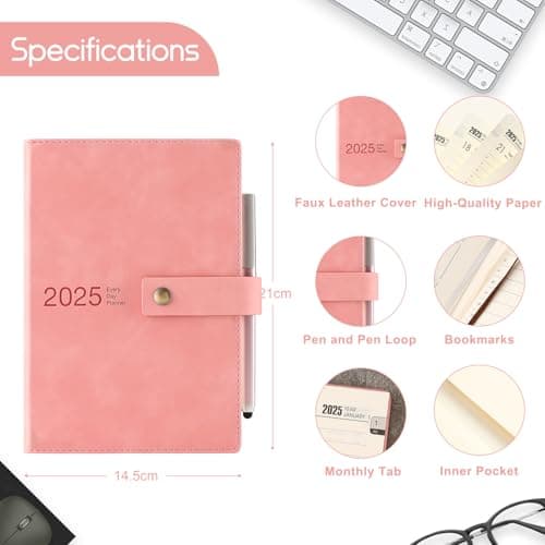 Agenda académique journalier 2025 de janvier 2025 à décembre 2025 avec couverture rigide et stylo, marque-page, onglets mensuels, autocollants et poche intérieure (rose) Format A5