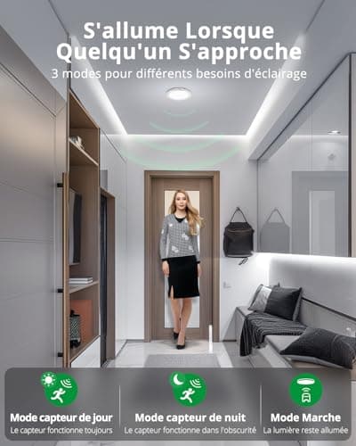Bojim Plafonnier LED avec Detecteur de Mouvement, ø19cm Plafonnier Sans Fil Télécommande, Lampe de Plafond Rechargeable 3 modes Déclairage Luminosité Réglable pour Couloirs Escalier Balcon Garage