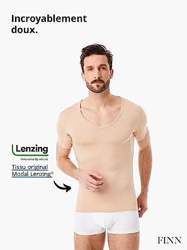 FINN T-shirt anti-transpiration pour hommes avec col en V et patchs intégrés aux aisselles pour la forte transpiration - maillot de corps contre les odeurs et les taches de sueur couleur peau nude XXL