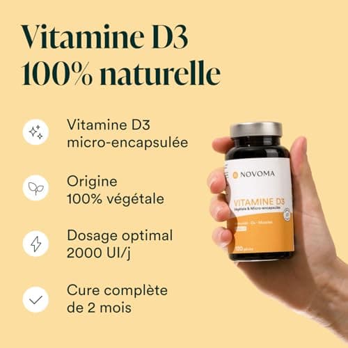 NOVOMA Vitamine D3 2000 UI/j, Vitamine D Naturelle Micro-encapsulée - Haute Absorption, Système Immunitaire, Santé des Os & Muscles, Cure de 2 mois, 120 gélules, Fabriqué en France