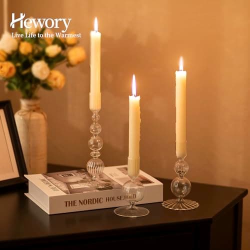 Bougeoir en Verre Hewory Bougies en bâton Décoration : Bougeoir à Bougie en Verre Transparent Bougies en Verre pour Le Salon, Le Mariage et la fête - Lot de 3
