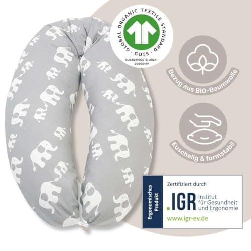 HOBEA-Germany Coussin d'allaitement 190cmx76cm Coussin de positionnement XXL Coussin de Grossesse pour bébé et Adulte Coussin d'allaitement latéral avec Housse en Coton Bio (Motif gaufré Taupe)