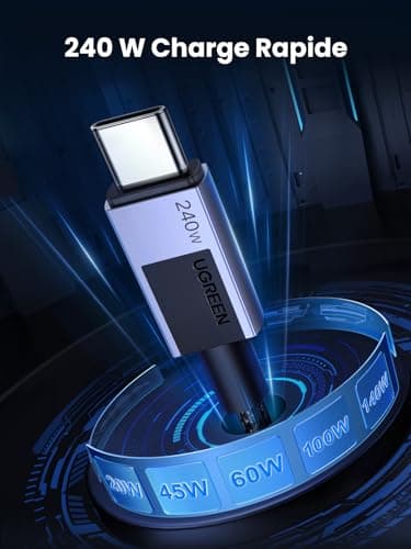 UGREEN 240W Câble USB C vers USB C PD 3.1 5A 48V 180W 140 W Câble USB C Charge Rapide Nylon Tressé Compatible avec MacBook iPad Ordinateur Portable de Jeu iPhone 16 Galaxy S24 Plus Ultra (2M)
