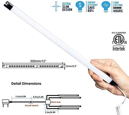 LED Sous Vitrine, Kit de 4 Bandes de LED Sous Meubles Eclairage, 300 mm, Avec Interrupteur, Total de 510lm, Tous les Accessoires Inclus(Blanc Chaud)