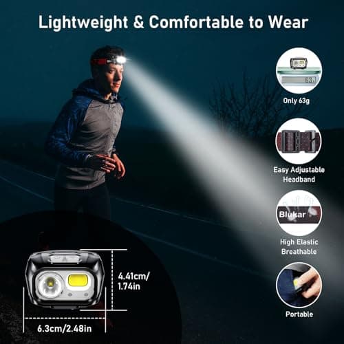 Blukar Lampe Frontale Rechargeable, 2000LM Super Lumineux Léger Torche Frontale LED Puissante avec Voyant Rouge,8 Modes d'Éclairage,Capteur Mouvement,IPX5 Étanche,30H d'autonomie pour Camping/Urgence