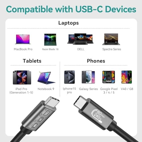 Angusplay Câble Thunderbolt 5 USB C 80Gbps, PD 240W de charge, 16K/ 8K Video Display, TB5 Cabel compatible avec Thunderbolt 4/3, USB4 / USB-C, pour Moniteur, 1M