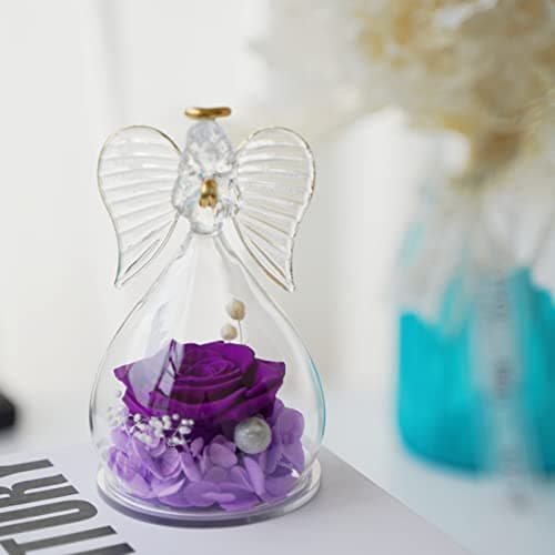 Sunia Cadeau Femme Noel, Rose Eternelle Cadeau Maman Noel, Ange Figurine en Verre avec Fleur Eternelle,Cadeau Maman Mamie, Cadeau Anniversaire Femme, Cadeau Noel Saint Valentin,Ange Gardien Vraie Rose