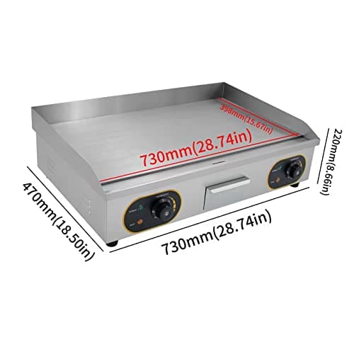 MOOTACO Plancha Électrique Professionnelle Inox 4400W de gril en Fonte 73 * 43cm, Thermostat 50 à 300°C, 2xThermostat, 2 Prises (Entièrement lisse)