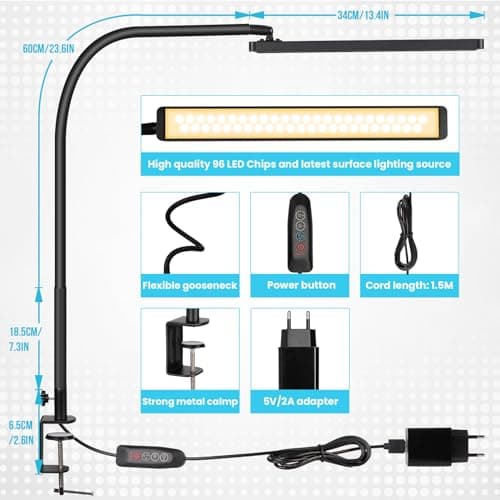 Lampe de Bureau LED, BIENSER 14W Lampe de Table Architecte Flexible avec Pince, 10 Niveaux de Luminosité X 5 Modes de Couleur, Lampe de table Réglable, Protection des Yeux, 5V/2A CE Adaptateur Incluse
