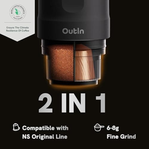 Outin Nano Machine à expresso électrique portable, cafetière de voyage pour camping, cafetière auto-chauffante pour voiture avec USB-C, avec café moulu et capsule NS