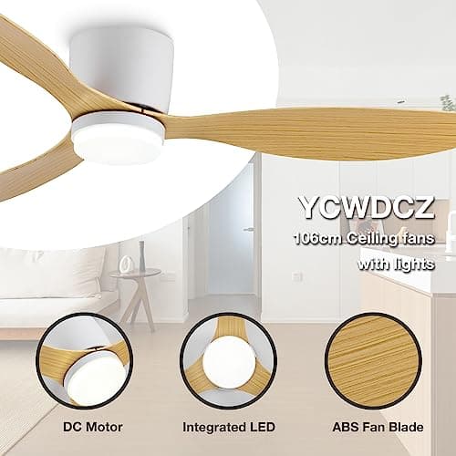 Ø106 cm Ventilateurs de Plafond avec Lampe Intégrée, Moteur DC Réversible, Plafonnier Ventilateur avec Telecommande Silencieux 6 Vitesses, 3 CCT, Luminaire Ventilateur pour Chambre, Salon, Blanc