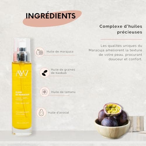 AYV Cosmetics - Elixir De Maracuja Naturel - Soin Anti imperfections - Hydrate, Protège et Apaise - Complexe Huiles Precieuses - Huile pour Visage Corps et Cheveux - FABRIQUÉ EN FRANCE - 100ml
