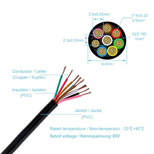 BEIJISTAR 10M Câble de Remorque 8 Fils, 12v 24v Véhicule Câble 7x0,5+1x1.0mm2 Câble Rond, 8 Fils Câble FLRYY Véhicules Pour Caravane Camion Camping - Car Remorque