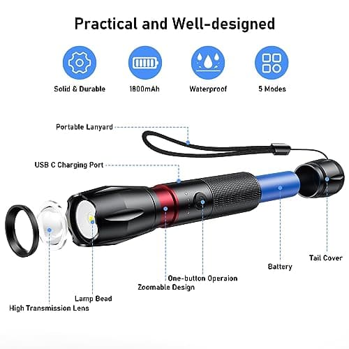 Blukar Lampe Torche LED Rechargeable, 2000L Lampe de Poche Ultra Puissante | IPX6 Étanche, 5 Modes d'éclairage & Zoomable, Torche en Aluminium & Longue Durée pour Camping/Randonnée/Urgence