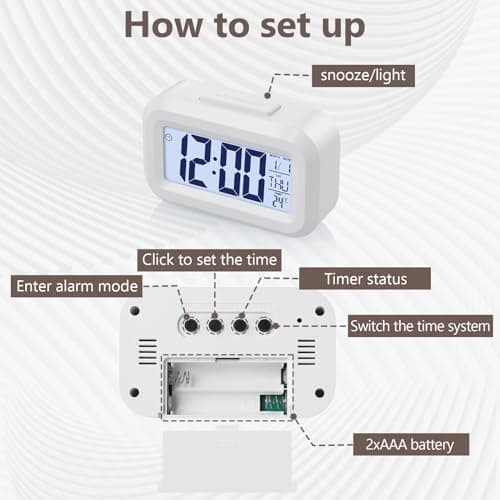 JIZZU Réveil de Voyage, LCD Réveil Numérique Fonctionne Piles, Affichage 12/24h, Fonction Répétition, Réveil LED Intelligent pour Chambre à Coucher, Bureau, Blanc