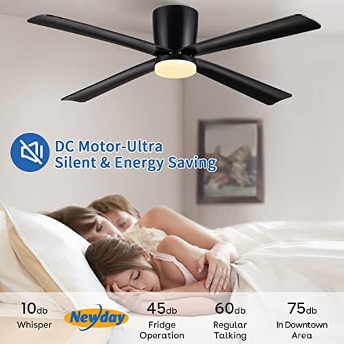 Newday Ventilateur de Plafond avec Lumiere et Télécommande Noir, 122cm Ventilateur de Plafond avec Lampe LED, Ventilateur Plafonnier Silencieux 4 Pales Pour Chambre Salon Bureau Cuisine, DC Moteur