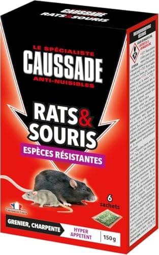 CAUSSADE Anti Rats & Souris - Efficacité Radicale - Lieux secs - Sachets céréales - Prêt à l'emploi - Une Ingestion Suffit - Fabriqué en France (1, Espèces résistantes)