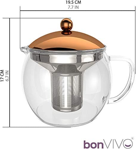 bonVIVO Théière avec Infuseur à Thé TEMPA avec Passoire en Inox Amovible, Théière pour Thé en Vrac, Theiere en Verre Borosilicaté Résistant à La Chaleur avec Couvercle en Cuivre, 1,5 Litre