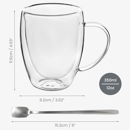 Belle Vous (Lot de 6) Tasse a Cafe Double Paroi - Verre Double Paroi 350ml avec Poignées - Tasse Double Paroi en Verre Borosilicate Thermorésistante pour Thé, Café, Cappuccino & Lattes