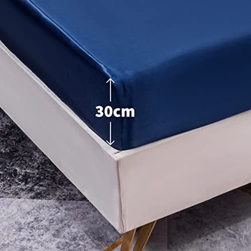 Drap Housse Satin 90x200 cm 1 Personne avec Grand Bonnet de 30 cm pour Matelas Épais - Drap-Housse Douce en Satin de Soie Polyester Couleur Unie, Bleu Marine