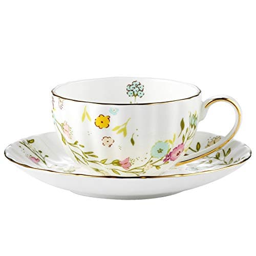 HUAMu Biene und Blumen Teetassen und Untertassen Keramik Teetasse Tasse Kaffee (1 Tasse und 1 Platte 1 cuillère)