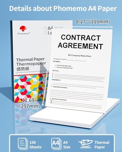 Phomemo Papier A4 Compatible avec l'imprimante Portable M08F/M831/M832/M833/M834, Papier Thermique Blanc A4, 8.27" x 11.69"(210mm x 297mm), 100 Feuilles/Boîte