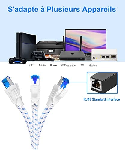 Câble Ethernet Cat 8, RJ45 1m 2m 3m 5m 10m 20m 30m Câble Réseau Internet | Cat8 40Gbps S/FTP Nylon Câble, idéal pour les connexions de bureau, PC, routeur, PS5, Xbox. Plus rapide que Cat6/Cat7(10m)