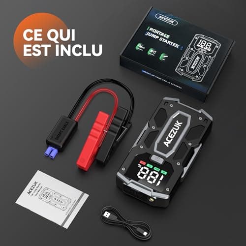 ACEZUK Booster Batterie Voiture 3000A, Démarreur de Voiture Portable (Jusqu'à 5.5L Diesel ou 7.0L Gaz), 12V Jump Starter avec 2.5 inch Écran LCD, Pinces de Sûreté Intelligentes, Lumière LED