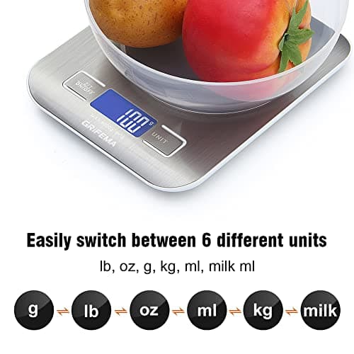 GRIFEMA GA2002 Balance de Cuisine Électronique de Haute Précision 5000g/1g avec Écran LCD Rétroéclairé, 6 Unités et Fonction Tare Acier Inoxydable, Smart Digital, pour Alimentaire Multifonctionnel