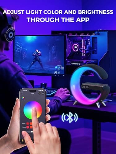 Smiling Shark Intelligente Lampe Ambiance, Lampes de Réveil Lumière avec Charge Sans Fil & Haut-Parleur Bluetooth Simulateur D'aube Dimmable Lampe de Reveil avec App Contrôle pour Chambre Salon