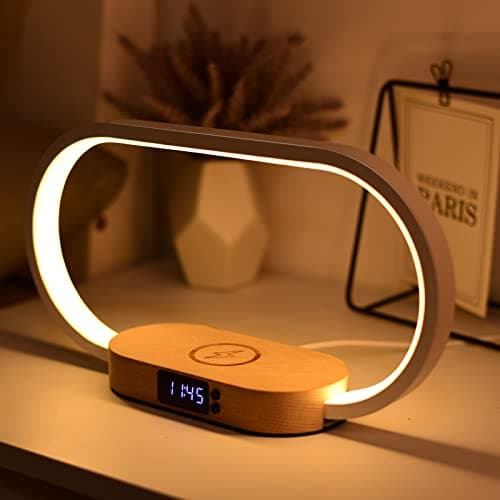 Lampe de Chevet Chargeur sans Fil, Tactile avec Port USB, Chargeur Induction avec L'horloge, Lampe de Table avec 3 Modes de Couleur et Intensité Variable, Bois&Blanc