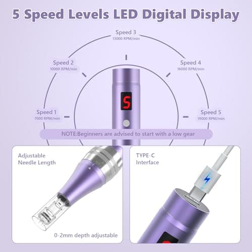 QUELLE Dermapen Microneedling Professionnel 5 Vitesses avec Écran LCD et 16 Aiguilles,Microneedling Visage Réglable de 0 à 2.0mm,Microneedling Pen Pour les Soins de la Peau