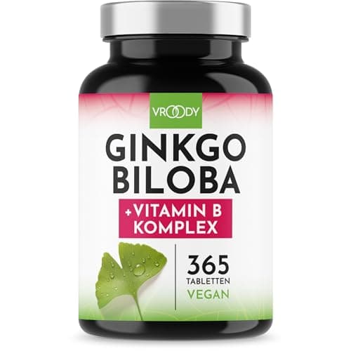 VROODY Vegan Extrait de ginkgo biloba à dose élevée - Associé à la vitamine B12, il contribue à réduire la fatigue et l’épuisement - 365 petits comprimés faciles à prendre