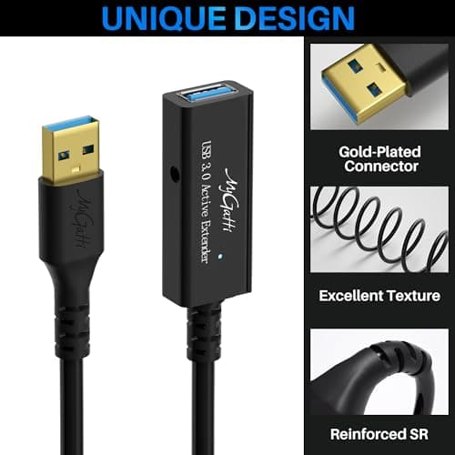 Mygatti Câble d'extension USB 3.0 mâle vers femelle actif de 5 mètres,avec 1 amplificateurs de signal,compatible avec ordinateurs portables,disques durs,VR,avec 5 attaches de câble