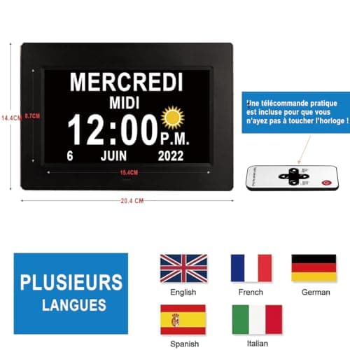 Véfaîî 【2024 New】 19 Alarmes Horloge numérique Horloge de Jour Grand écran réveil Horloge Murale, Non-Abrégée Auto Dimming 5 Langues, HD Display