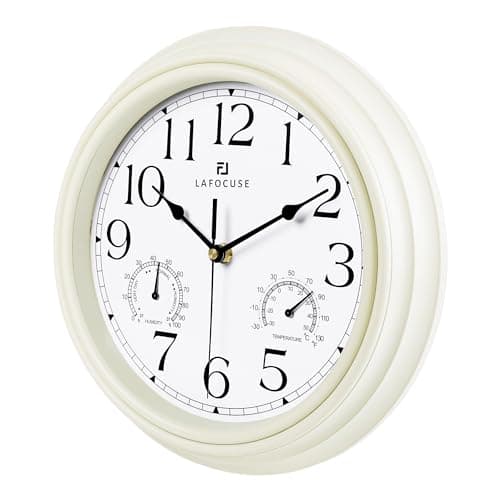 Lafocuse Horloge Murale avec Thermomètre et Hygromètre Vintage Pendule Murale Quartz Blanc Silencieuse pour Salon Cuisine 30cm