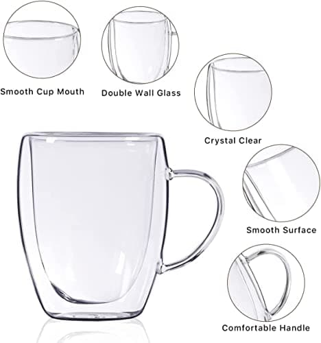 Buumin Lot de 4 Tasses en Verre à Cappuccino, 350ml Verres Double Paroi, Tasses à Café en Verre Isolées avec Poignée, Verres Transparent pour Latte, Thé, Jus, Lait, Boissons Chaudes Froides(4x350ml)