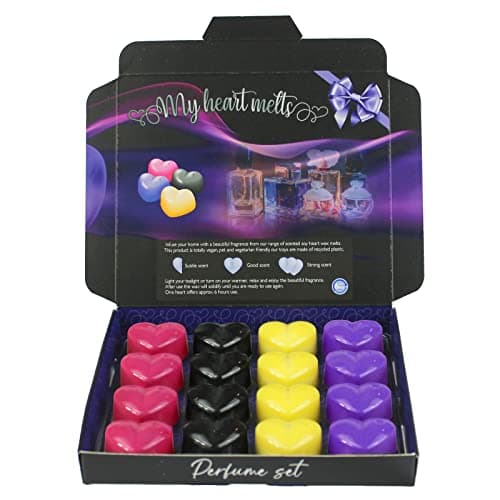 Assortiment de Senteurs Fondant Parfumé pour Bruleur Fondant, 16 x 5g Tartelette en Forme de Coeur, 4 Pcs de Chaque Angel, Alien, Black Opium & Creed, en Cire de Soja Vegan