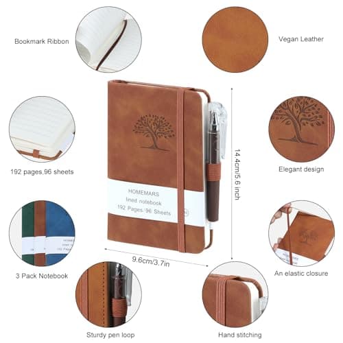 Carnet de Notes, Petit Carnet, Petit Cahier, 3 Paquet, HOMEMARS Cahier de Note, Carnet de Voyage, 14.4 cmx9.6cm, Marron, Vert, Bleu, 192 Pages Chacune, Motif d'arbre en Relief, Cuir végétalien
