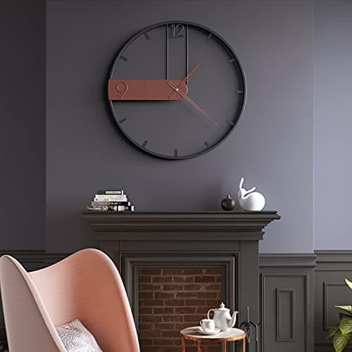 Yumyolk Horloge Murale à Cadre Rond Noir 60cm Mains en Bois Brunes Silencieuse Design Moderne Pendules murales pour la Décoration d'art de Bureau de Salon de Chambre à Coucher