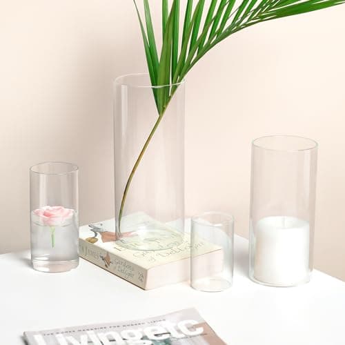 Winter Shore Vase Transparent Verre [Lot de 4] - Vase Cylindrique en Verre de 4 Tailles - Vase Haut pour Plantes, Fleurs, Fausses Fleurs, Herbe de Pampa, Bougies - Décoration Fêtes, Maison, Mariage